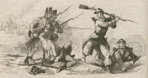 soldat utilisant son fusil comme un bâton 1861