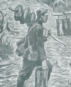 Soldat ravitaillant avec des pains sur un bâton