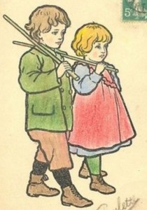Enfants portant des bâtons